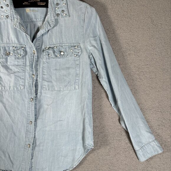 Kut From The Kloth Denim Shirt Women’s Size S Light Wash Pearl Snap Spike Collar - Picture 6 of 16